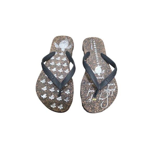Asportuguesas Women's Cork Thong Flip-Flops Turtle Print & Black Straps Size 35/ - Picture 1 of 7
